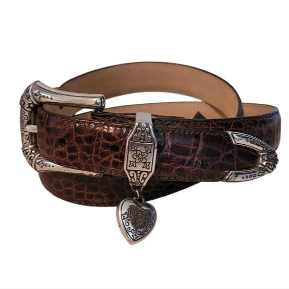 Brighton Brown Italian Leather Croc Embossed Silver Hardware ML/32 Charm Belt - Picture 1 of 11